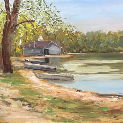 Larry Griggs Unframed Oil on Canvas, Lake with Boathouse and Boats 