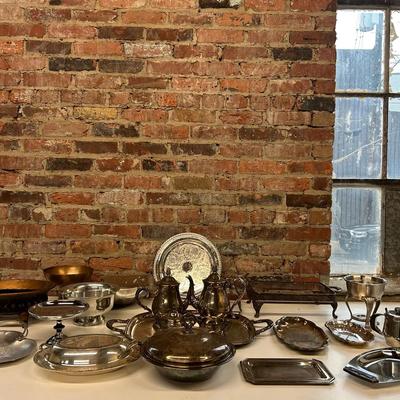 Large 20+ Piece Lot of Silverplate Tableware with Tea Set, Mid Century Items and More