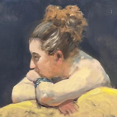 Larry Griggs Unframed Oil on Canvas, Leaning Woman’s Portrait 