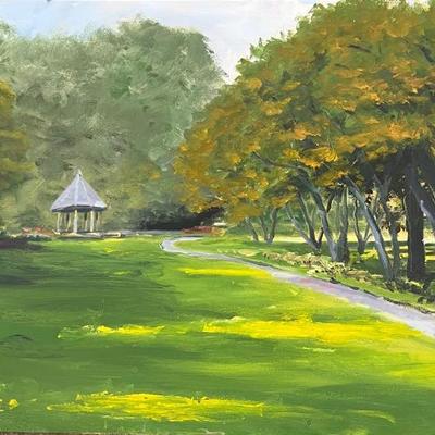 Larry Griggs Unframed Oil on Canvas, Gazebo in Park