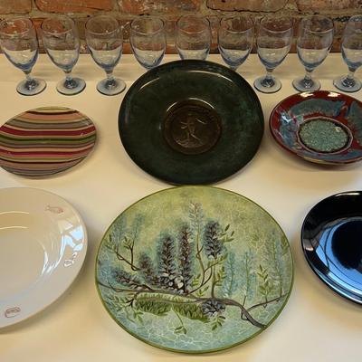 Footed Blue Stemware Goblets (9) & Lot of Serving Plates