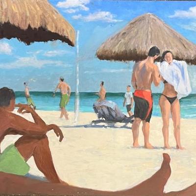 Larry Griggs Unframed Oil on Board Beach Scene