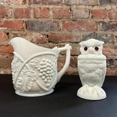 Victorian Atterbury Milk Glass Owl Jar with Later Milk Glass Pitcher