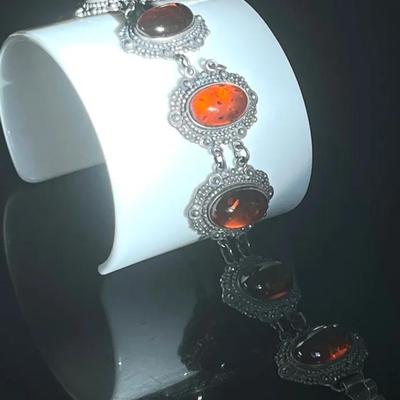 Vintage Silver Genuine Amber Link Bracelet 