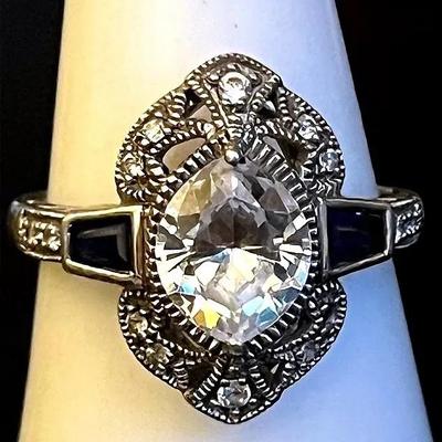 Sterling Silver .925 Moissanite Blue Stone Marcasite Ring