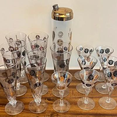 MCM Gold & Black Coin Cocktail Shaker & Glasses