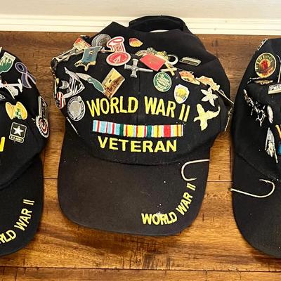 3 - Vintage World War II Veteran Hats Loaded With Collectibles Pins #1