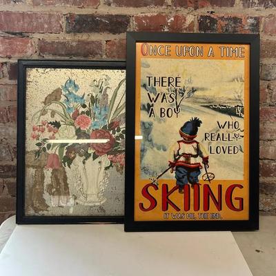 Victorian Tempera Painting on Foil with a Retro Style Skiing Print