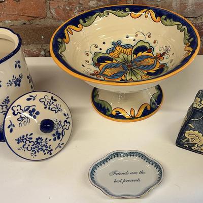 Ceramic Cookie Jar, Fruit Pedestal, Ring Tray And Ornate Bookends