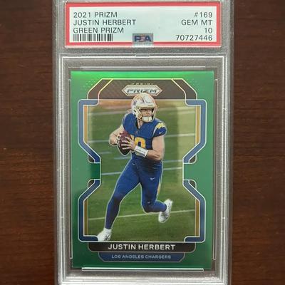 2021 Green Prizm Football Card. PSA 10. Justin Herbert - Card #169