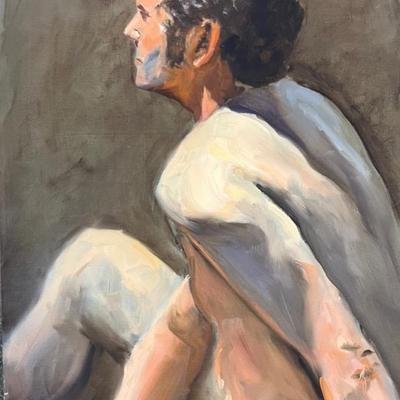 Larry Griggs Unframed Oil on Canvas, Seated Man Back View