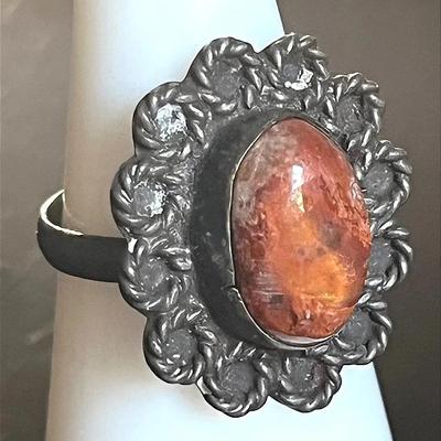 Silver Ring Marked JFD with Orange Stone