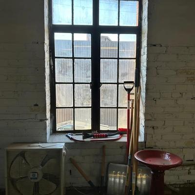 Garden and Garage Tools with Ceramic Birdbath, House Fan and More