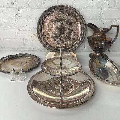 Silver Plate Tiered Server, Pitcher, Trays and More