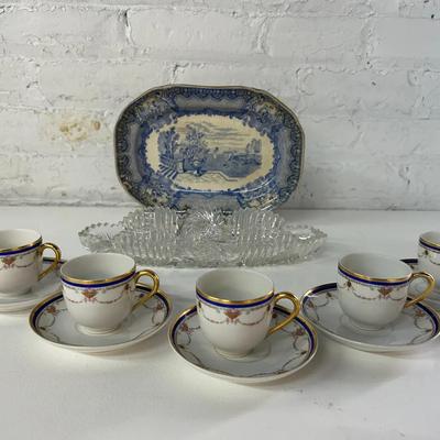 American Brilliant Cut Glass Tray, L. Bernaudaud Limoges Demitasse Cups and Saucers and More
