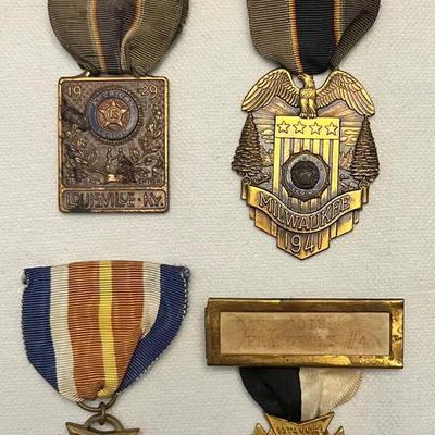 4 - Antique Historical Pins & Ribbons - Foreign Wars, American Legion +