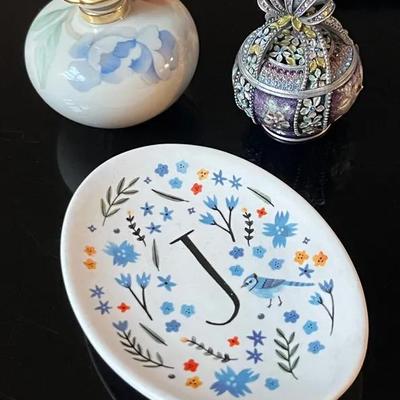 Lenox Chatsworth Perfume Bottle, Amelia Herbertson Ring Dish and Enameled Trinket Box