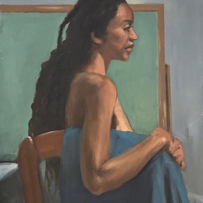 Larry Griggs Unframed Oil on Canvas, Woman Leaning in Chair