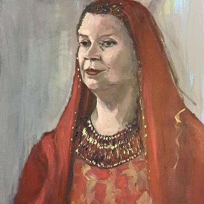 Larry Griggs Unframed Oil on Canvas, Woman with Red Head Scarf 