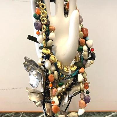 Dramatic Necklace Collection with Semiprecious Stones, Silvertone Flowers