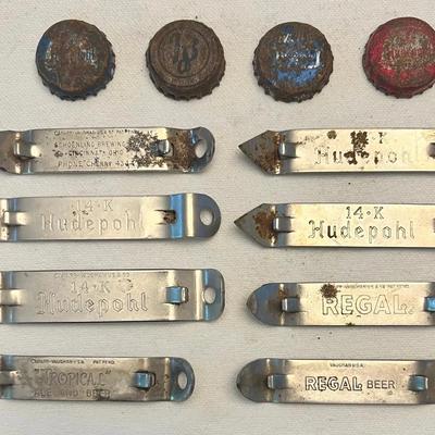 Collection Of Vintage Bottle Openers & Caps, Hudepohl, Schoenling 