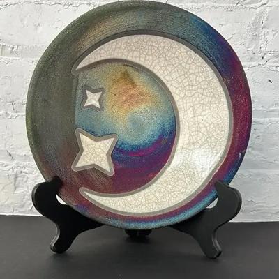 Jeremy Diller Raku Pottery Bowl with Moon and Stars Motif