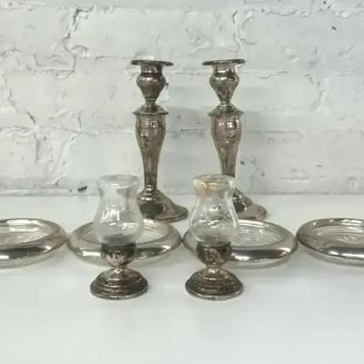 Pair of Gorham Weighted Sterling Candlesticks, Sterling Rimmed Glass Coasters and S+P Set