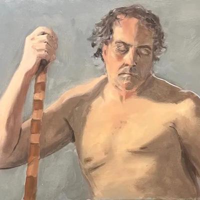 Larry Griggs Unframed Oil on Canvas, Man with Striped Cane