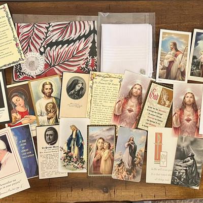 Vintage Group Of Religious Prayer Cards, Holy Cards, Handkerchiefs #1