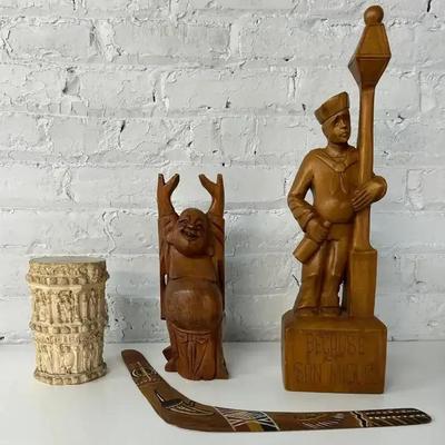 Vintage Souvenirs with Hand Carved Sculpture, Australian Boomerang, Buddha Sculpture and More