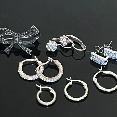 Sterling Silver Jewelry with Earrings and Marcasite Bow Brooch