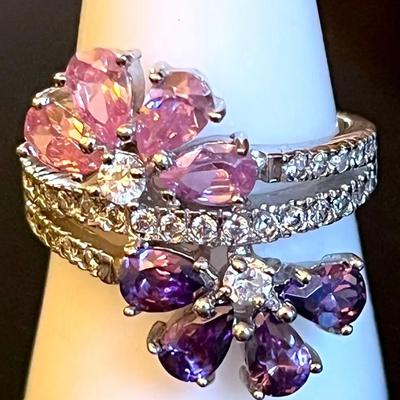 Sterling Silver .925 Pink and Purple Crystal Flower Ring