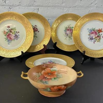Five Gilt-Encrusted Royal Bavarian Plates and an Antique Hand Painted Compote