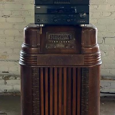 Vintage Philco Radio Cabinet with Yamaha RX-V757 Receiver and Montgomery Ward Radio