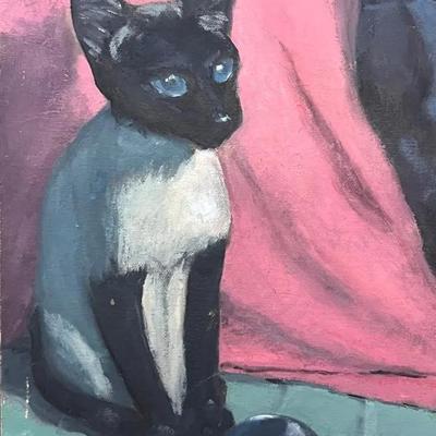 Larry Griggs Unframed Oil on Canvas Board, Siamese Cat