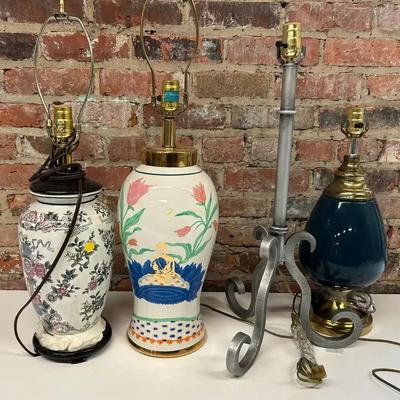 Four Lamps Including Wrought Iron and Hand Painted Porcelain