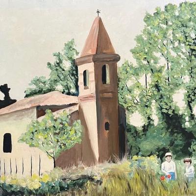 Larry Griggs Unframed Oil on Canvas Panel, Church in Landscape with Children 