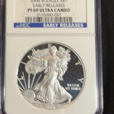  2008-W American Silver Eagle Proof, graded PF 69 Ultra Cameo Early Releases by NGC.