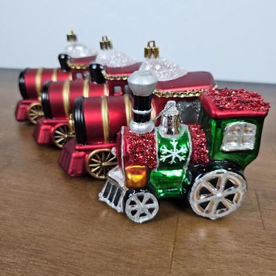 Lot #78 - Set of 4 Plastic & Glass Train Ornaments – Red and Green Glitter Holiday Locomotives