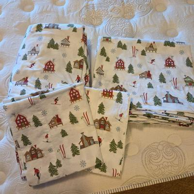 Lot #157 - Pottery Barn Cal King Winter Chalet Sheet Set – Ski Lodge Snow Scene with Cabins & Trees