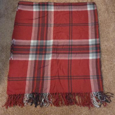 Lot #155 - Pottery Barn Red Plaid Throw Blanket with Fringe – Classic Farmhouse Christmas Decor
