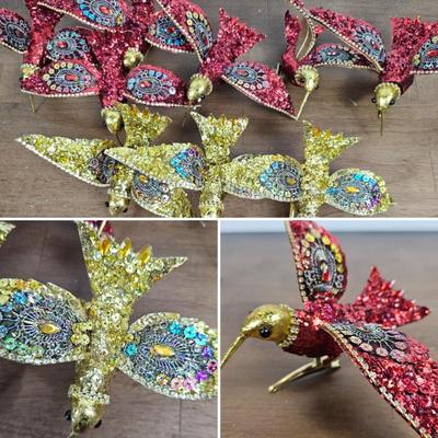 Lot #66 - Sparkling Hummingbird Clip Ornaments – Red & Gold Sequined Decorative Birds (Lot of 9)