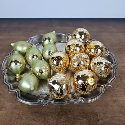 Lot #72 - Lot of 11 Gold and Green Glass Christmas Ornaments – Elegant Matte & Shiny Finishes