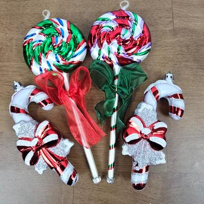 Lot #60 - Lot of 4 Glass Christmas Ornaments – Red & Green Lollipops and Candy Canes with Glitter Bows