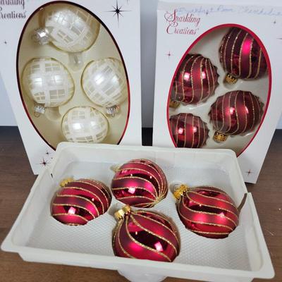 Lot #50 - Vintage Sparkling Creations Glass Christmas Ornaments – Red & White Striped & Lattice Balls, Boxed Sets of 4