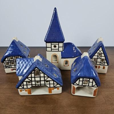 Lot #123 - Original Ursula Leyk Lichthaus Ceramic Christmas Village Candle Houses – Blue Roof European Holiday Village Set of 5