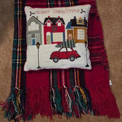 Lot #153 - Pier1 “Merry Christmas” Holiday Pillow with Village Scene & Plaid Throw Blanket