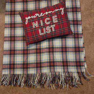 Lot #151 - Plaid “You’re On My Naughty/Nice List” Christmas Pillow with Coordinating Blanket