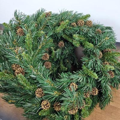 Lot #122 - Two Artificial Evergreen Wreaths with Gold Seed Pods – Rustic Winter Holiday Door Decoration