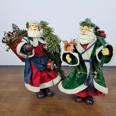 Lot #100 - Pair of Woodland Christmas Santas with Greenery, Squirrel & Holiday Baskets – Classic Holiday Figurines